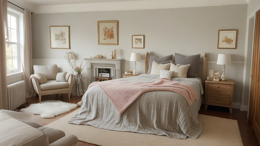 A bedroom with a cozy reading nook, with a comfortable chair, a good book lamp, and a soft blanket.