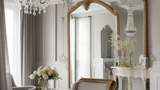 A stunning, oversized mirror hanging in a beautifully decorated room