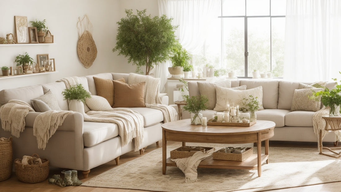 A beautifully decorated living room featuring comfortable furniture, warm lighting, and natural elements