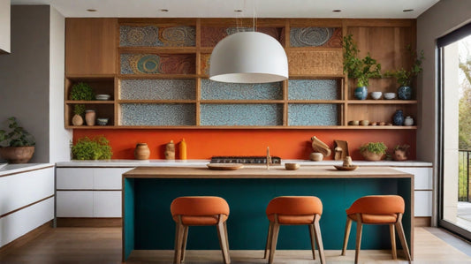 A modern kitchen with sustainable materials, bold colors, and a statement backsplash.
