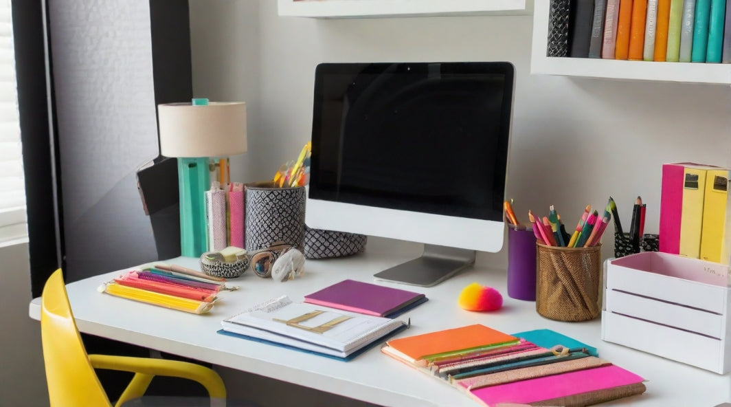 A study table with a black desk, a white chair, and a variety of colorful desk accessories