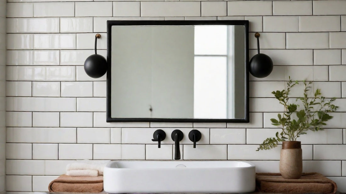 Rectangular mirror hung with a leather strap in a bathroom with a white tile wall and a black sink