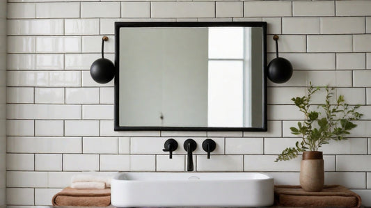 Rectangular mirror hung with a leather strap in a bathroom with a white tile wall and a black sink