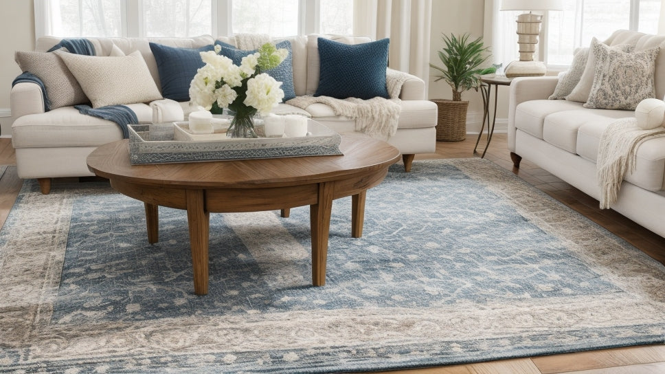 A beautiful area rug anchoring a comfortable living space