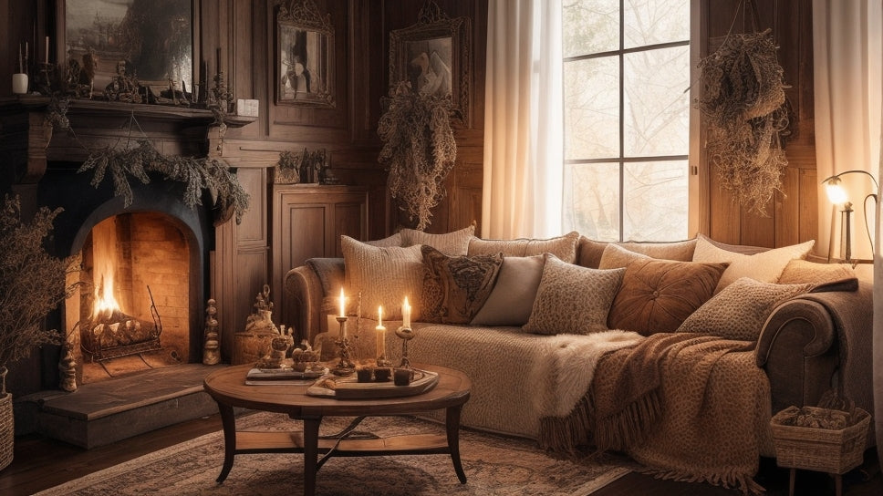 A beautifully decorated sitting room with warm lighting, cozy textures, and unique design elements