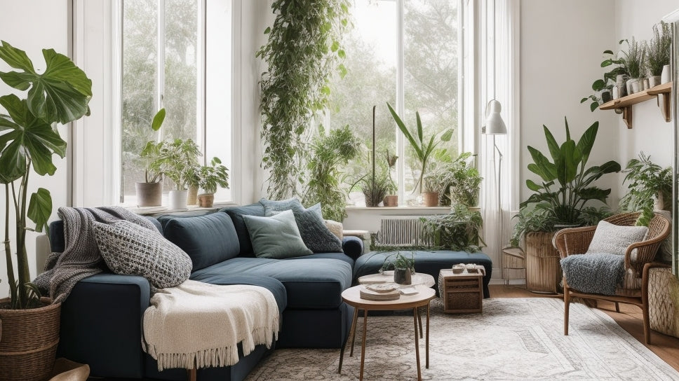 A beautifully staged living room with carefully curated plants, creating a dream-like atmosphere