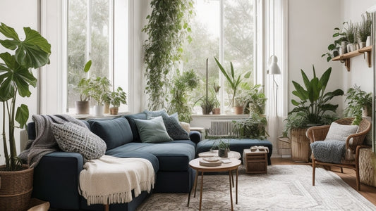 A beautifully staged living room with carefully curated plants, creating a dream-like atmosphere