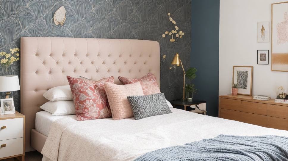 A bedroom with diverse, layered wall decor elements like a gallery wall, a statement wallpaper section, and a unique headboard