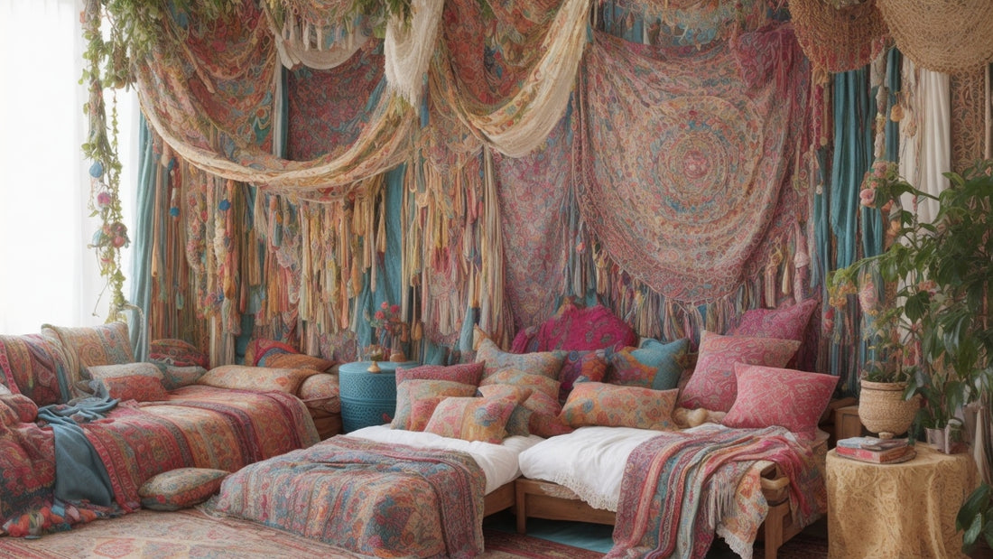A bohemian-inspired setting where tapestries add a touch of whimsy and personality to the decor