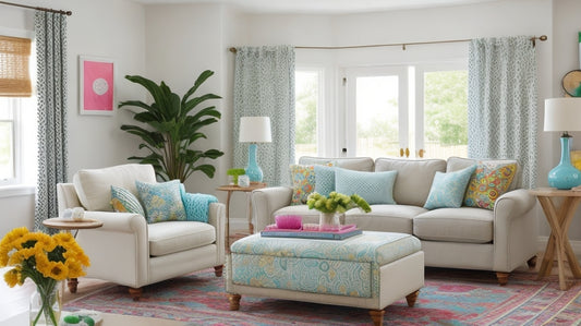 A bright and airy living room with a mix of colorful patterns and textures