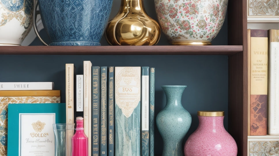 A beautifully styled shelf, highlighting interesting layers, textures, and pops of color