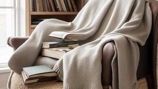 A close-up shot of a cozy reading nook with a comfy armchair, a stack of books, and a warm blanket