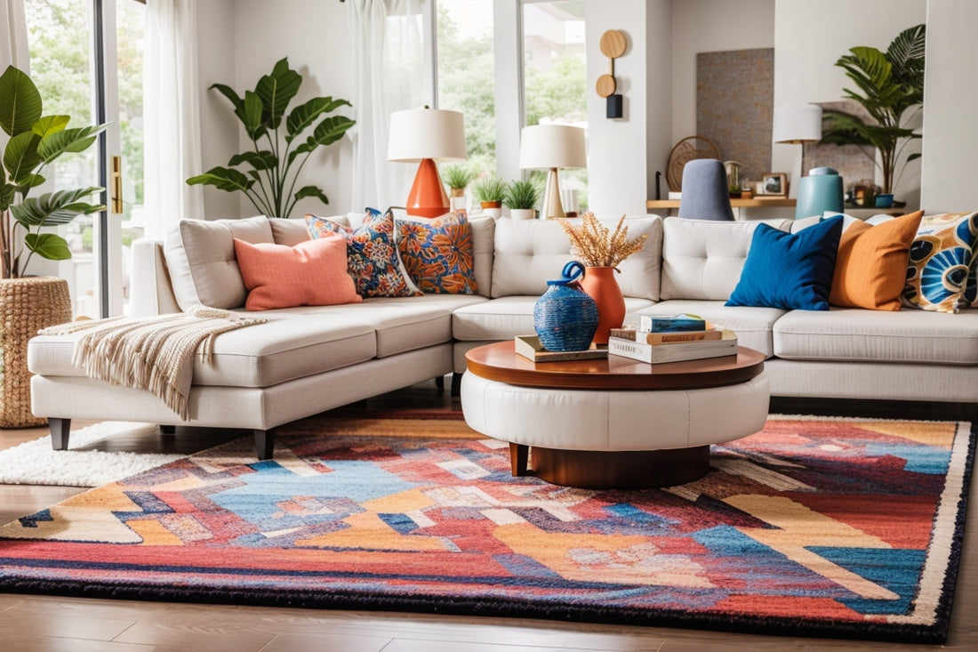 A colorful area rug in a living room with white furniture.