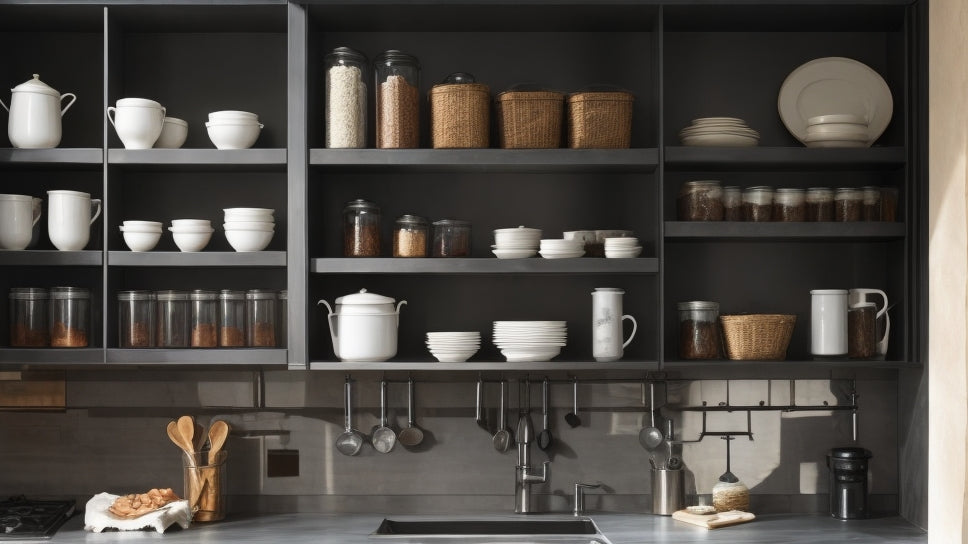A dark kitchen with light-colored shelves