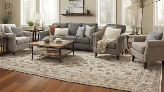 A living room with a beautiful area rug on the hardwood floor