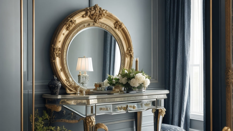 A mirror reflecting a stunning interior scene with a focus on the decorated mirror