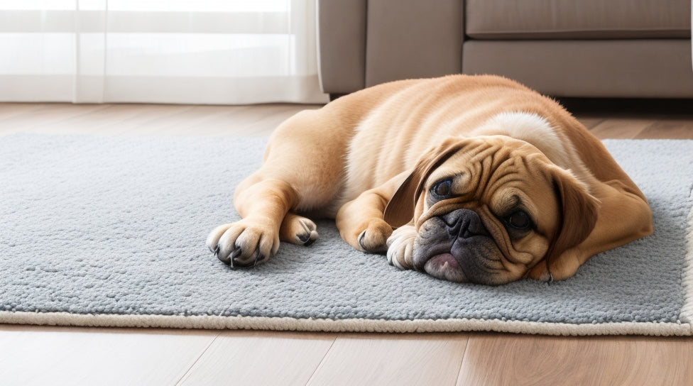 A pet comfortably napping on an area rug, demonstrating its durability and suitability for homes with animals