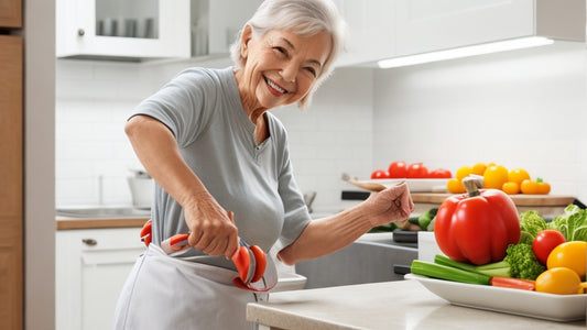 A senior comfortably standing on a mat in a well-lit kitchen, smiling and chopping vegetables