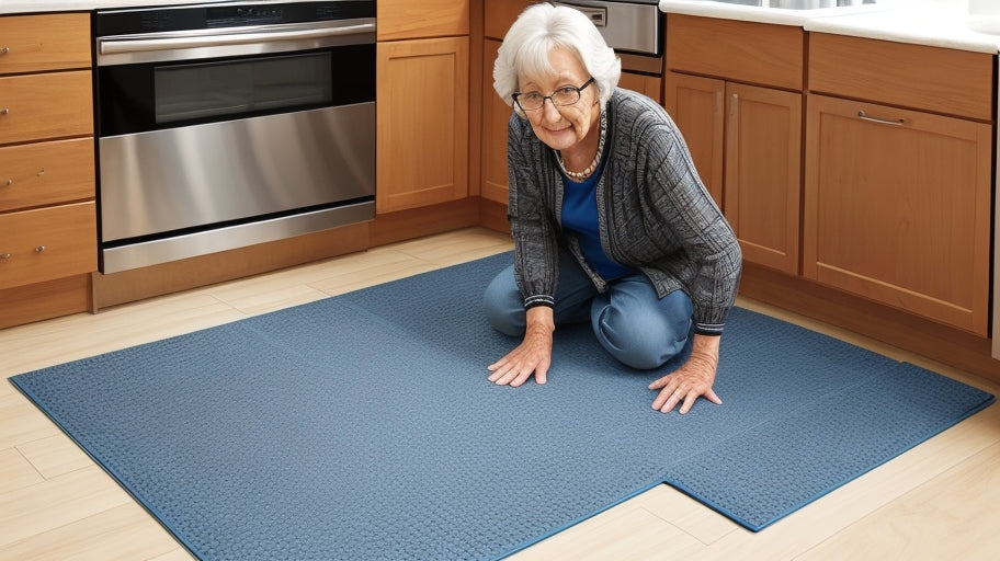 A senior adult using a kitchen floor mat safely and confidently.