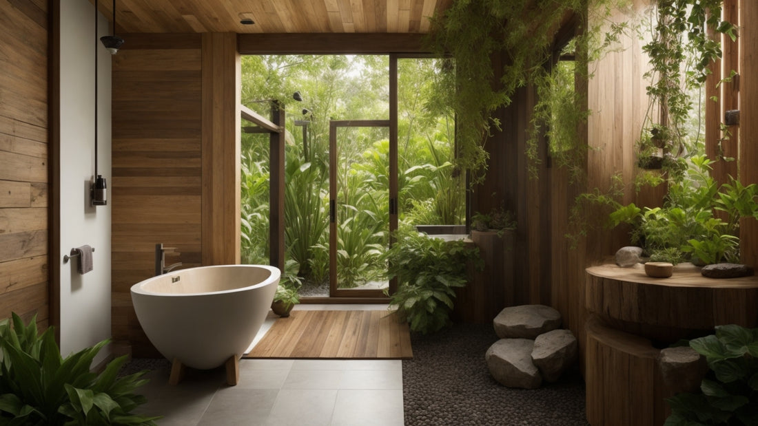 Bathroom with natural elements like wood, stone, and plants