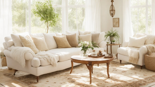 A sun-drenched sitting room with a comfy sofa, fluffy rug, and natural textures