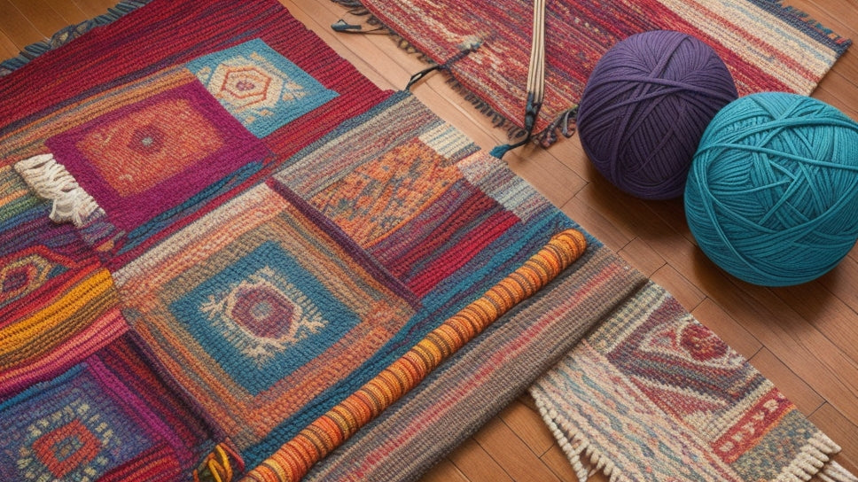 A vibrant, colorful rug laid out on a hardwood floor, surrounded by skeins of yarn and tools