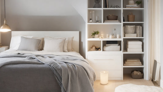 Well-lit bedroom with clever storage solutions, personal touches, and a warm, inviting atmosphere