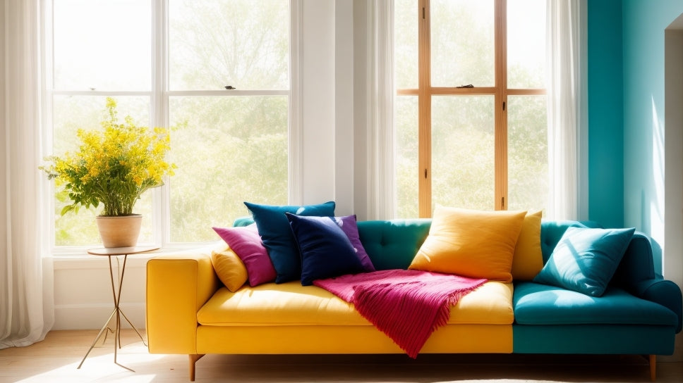 Sunlight streaming through a window onto a colorful couch