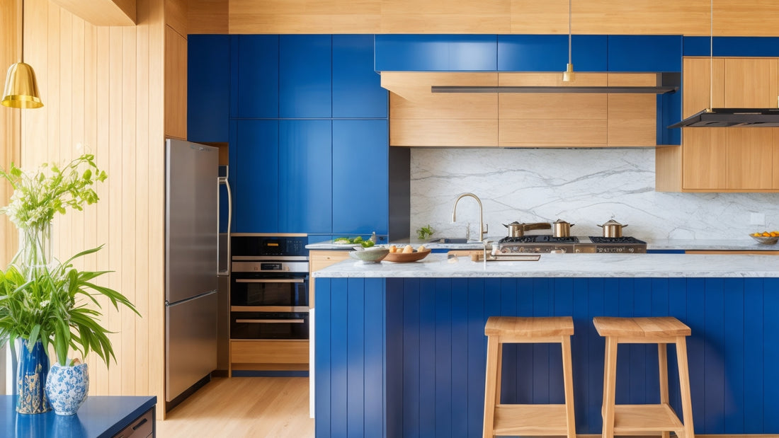 A modern kitchen with bold jewel-toned cabinets, warm wood countertops, and statement lighting