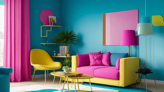 A modern room incorporating various trendy colors through furniture, walls, and accessories