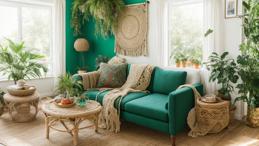 A sun-drenched living room, bursting with vibrant energy and bohemian charm