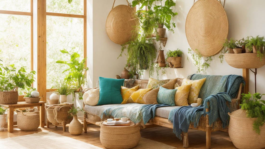 A sun-drenched living room featuring a mix of natural elements and sustainable materials