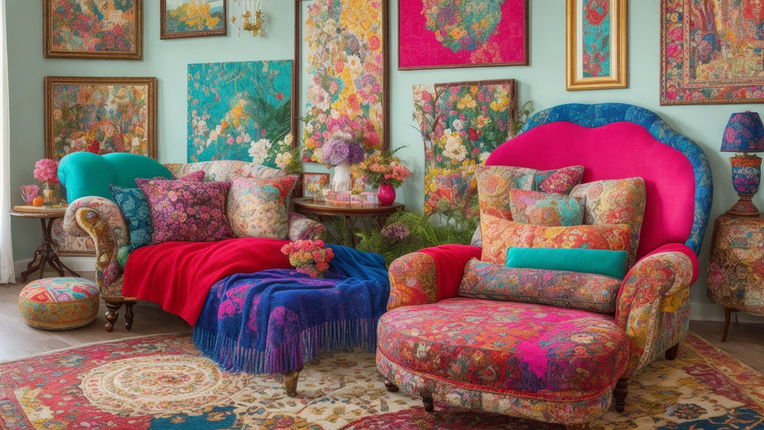 A vibrant tableau capturing the essence of maximalist home decor in the USA