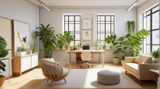 A bright and airy office space with plants, artwork, and comfortable furniture