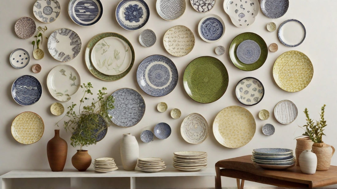 A gallery wall with plates in a variety of sizes, shapes, patterns, and colors. The plates hanging in an organic layout.