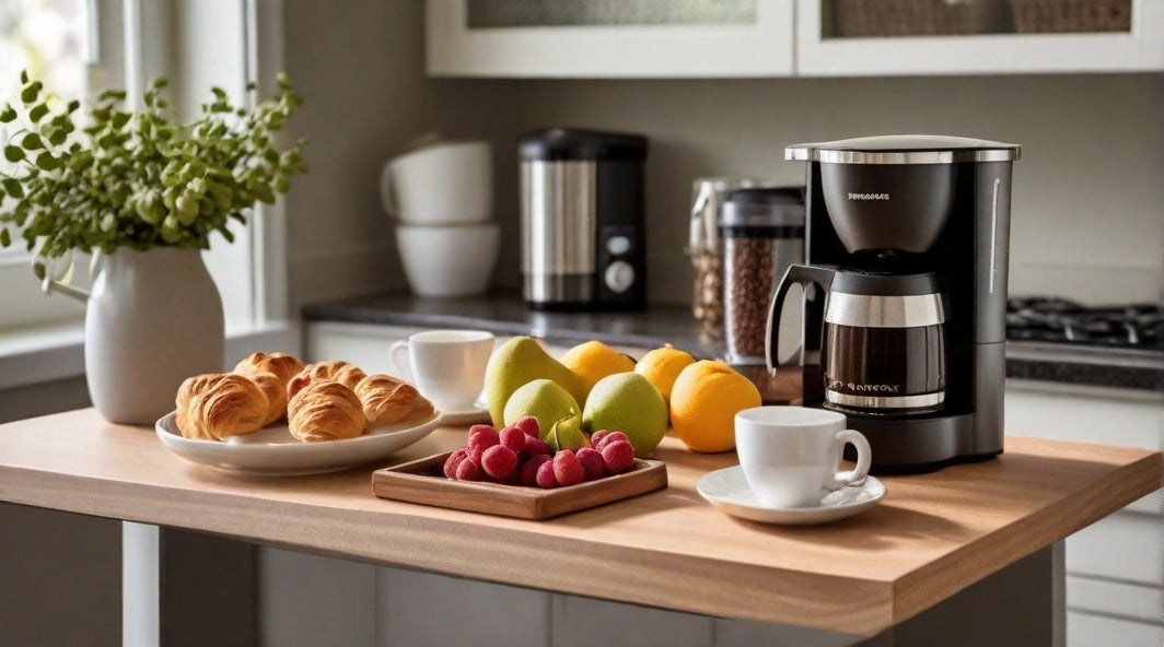 A kitchen island with a coffee maker, grinder, and mugs, as well as a fruit bowl and a tray of pastries