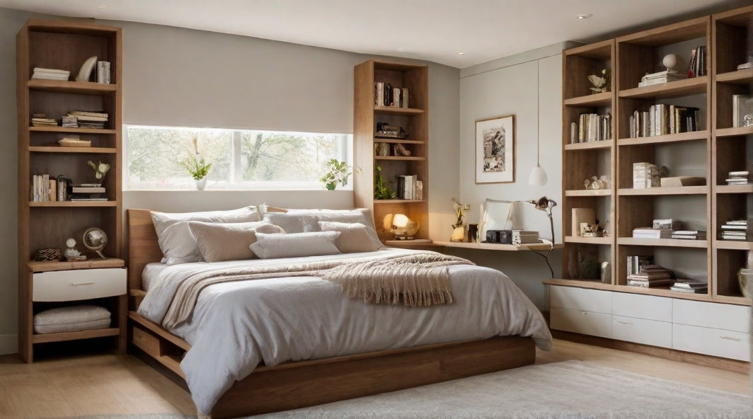 A bedroom with a well-decorated shelf as the focal point