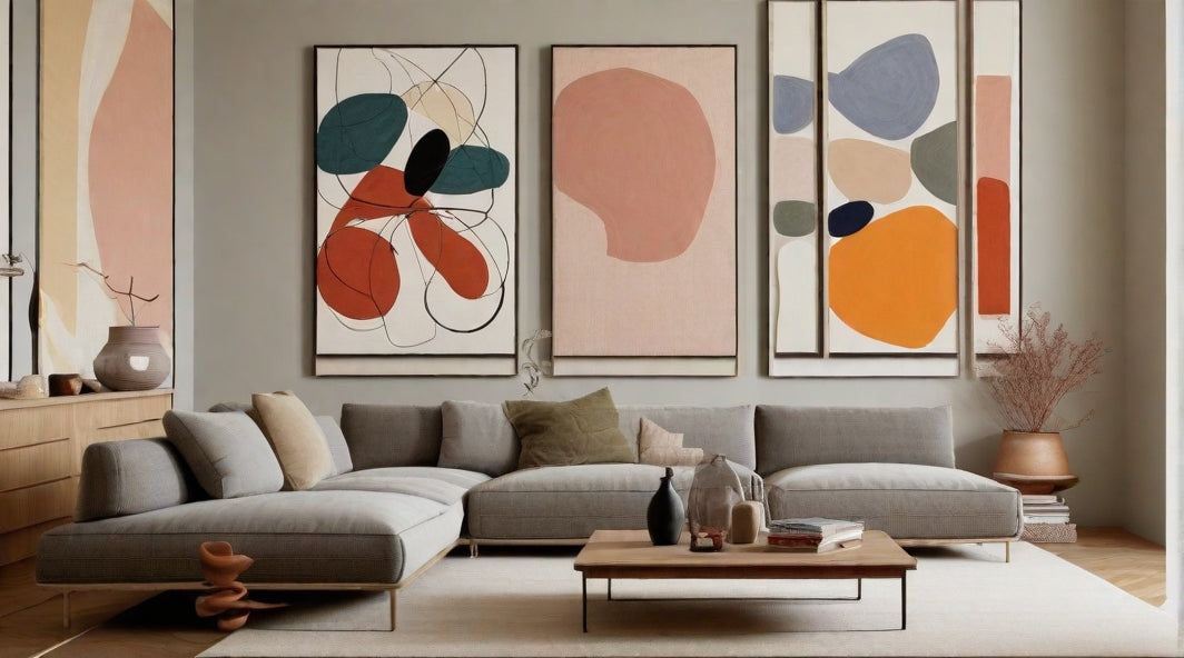 Living room with a gallery wall of abstract artwork