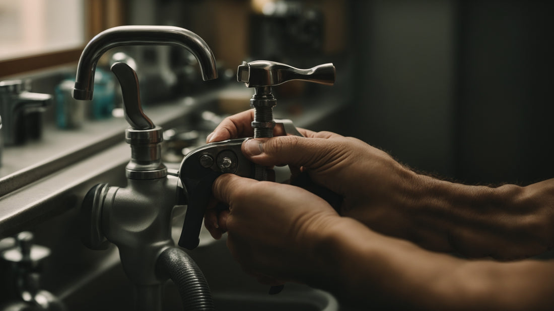 A hand tightening a wrench on a faucet handle