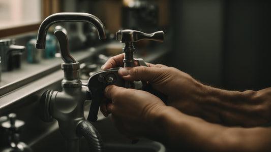 A hand tightening a wrench on a faucet handle