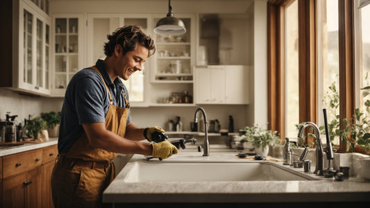 A person happily installing a new faucet, holding tools with confidence