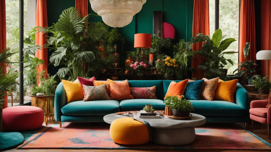 A vibrant living room with statement furniture, colorful accents, and lush greenery
