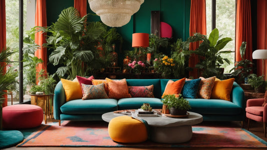 A vibrant living room with statement furniture, colorful accents, and lush greenery