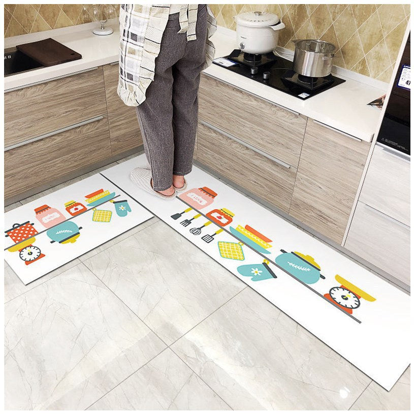 Woman standing on happy kitchen-white coloured long oil-proof foot mats.