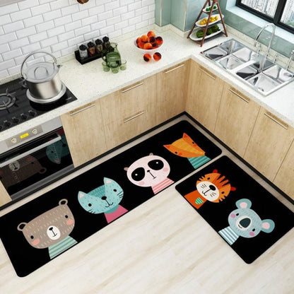 Black coloured Leather kitchen Mats set with different types of cartoon characters printed on it.