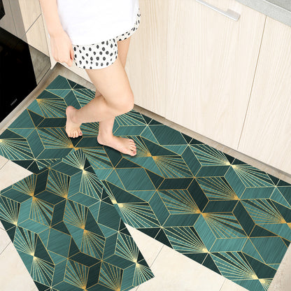 Woman standing on rectangle shaped bathroom absorbent door rugs printed with different coloured grids giving it a modern look.