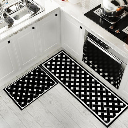 White Cushioned Kitchen Mat Set printed with bold black lines intercrossed on each other.