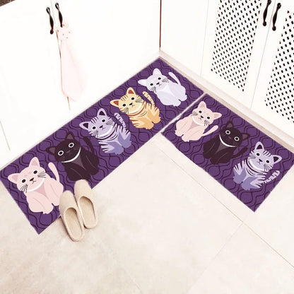 Violet coloured Waterproof floor Mats Set printed with different types of cats on it.